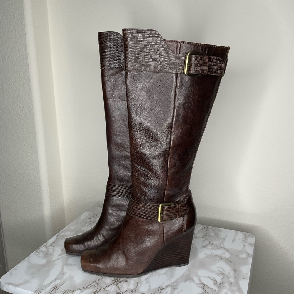 Brown Leather Knee-High Wedge Boots